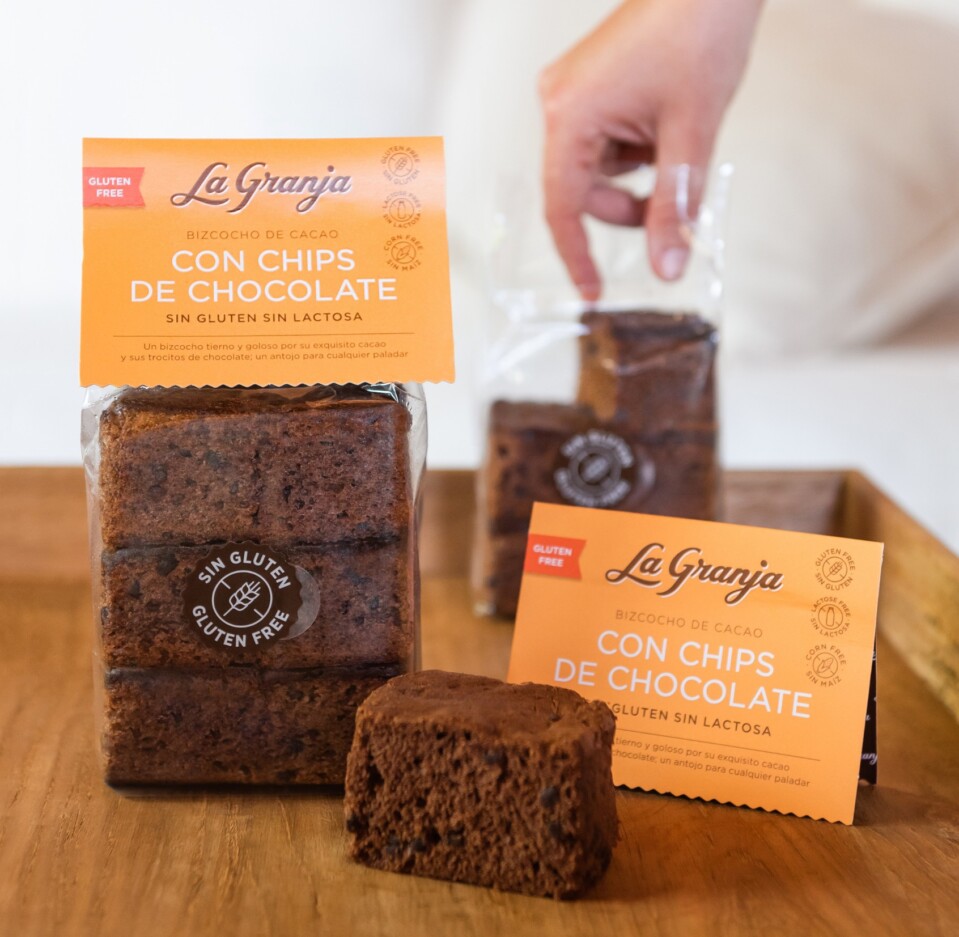 Bizcocho de cacao con chips de chocolate sin gluten y sin lactosa