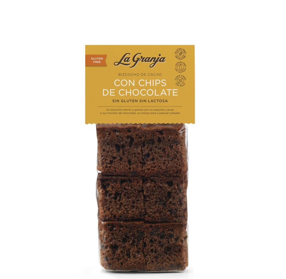 Bizcocho de cacao con chips de chocolate sin gluten y sin lactosa