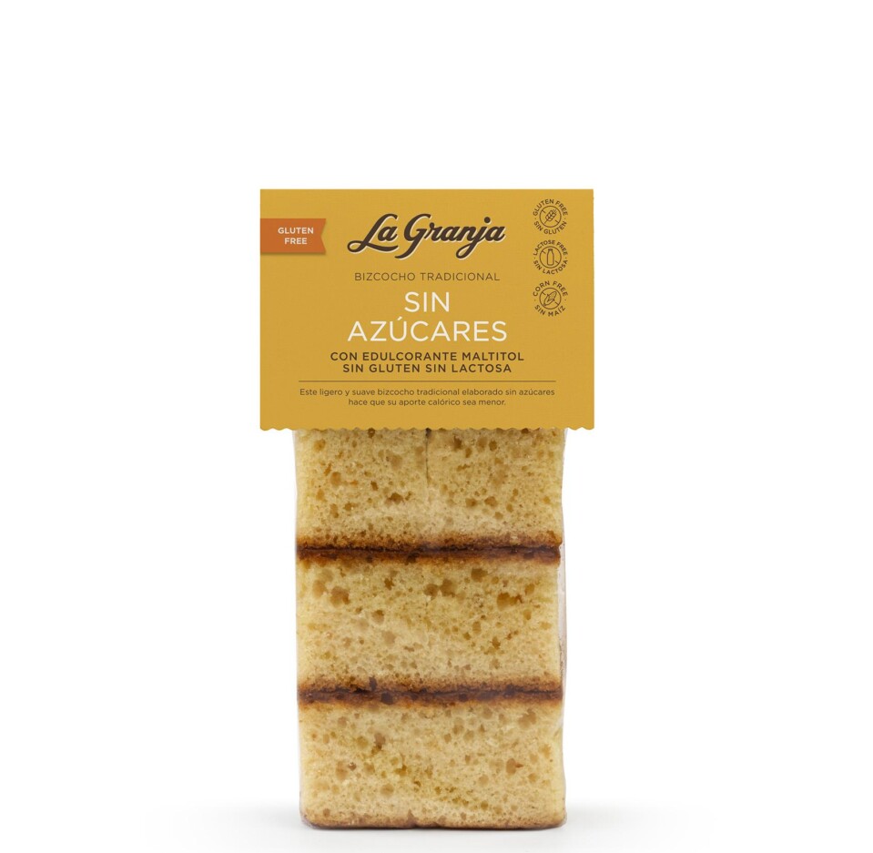 Bizcocho tradicional sin azúcares con edulcorante maltitol, sin gluten y sin lactosa