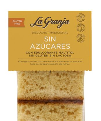 Bizcocho tradicional sin azúcares con edulcorante maltitol, sin gluten y sin lactosa