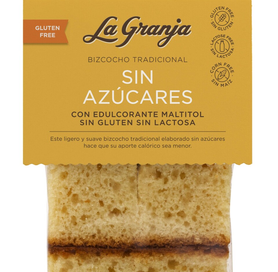 Bizcocho tradicional sin azúcares con edulcorante maltitol, sin gluten y sin lactosa