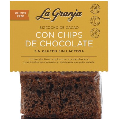 Bizcocho de cacao con chips de chocolate sin gluten y sin lactosa