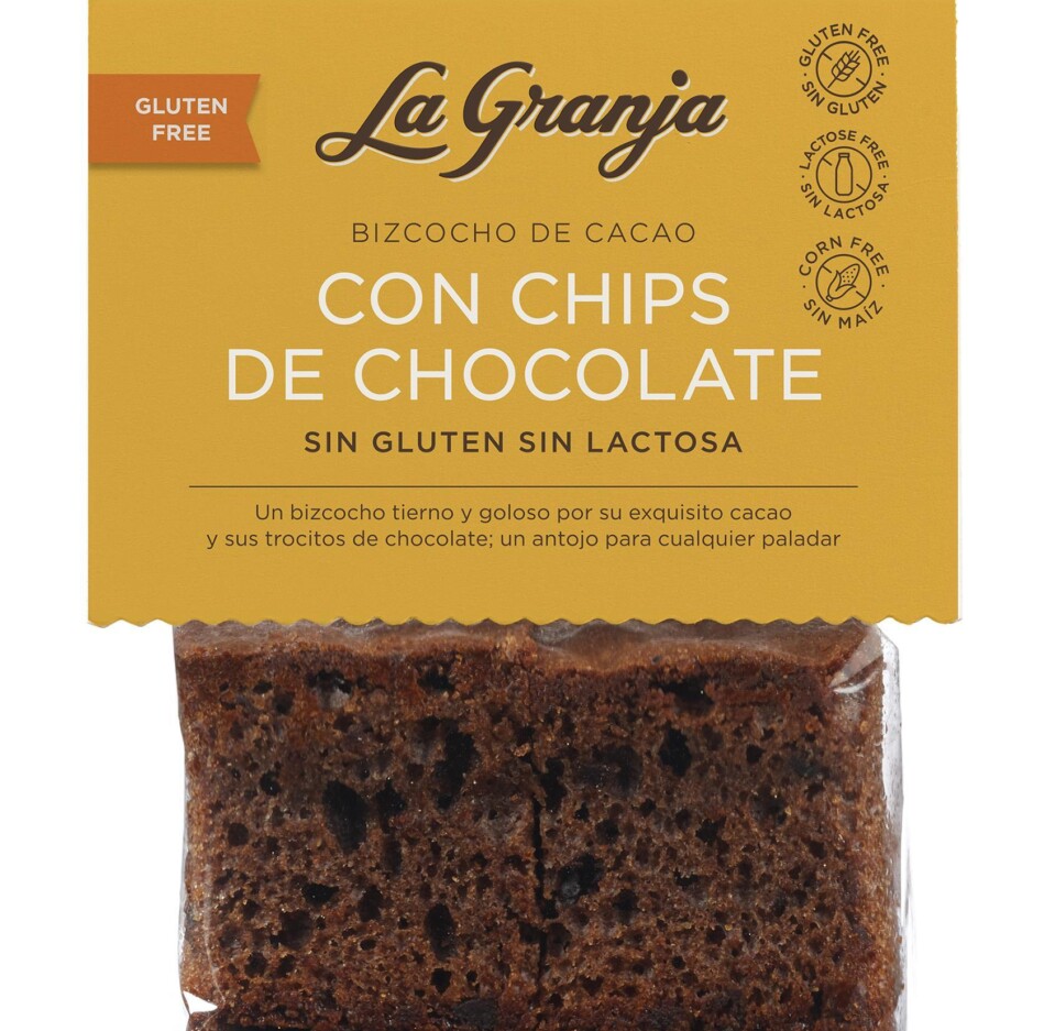 Bizcocho de cacao con chips de chocolate sin gluten y sin lactosa